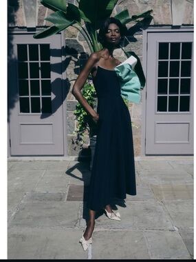 Greta Constantine Resort 2025 Siza Black Midi Dress with Mint Ruffle Accent